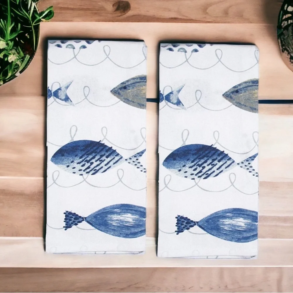 Mabelle Coastal Printed Kitchen Cotton Towels Nautical Beach Blue White 2 Pieces - Picture 13 of 16